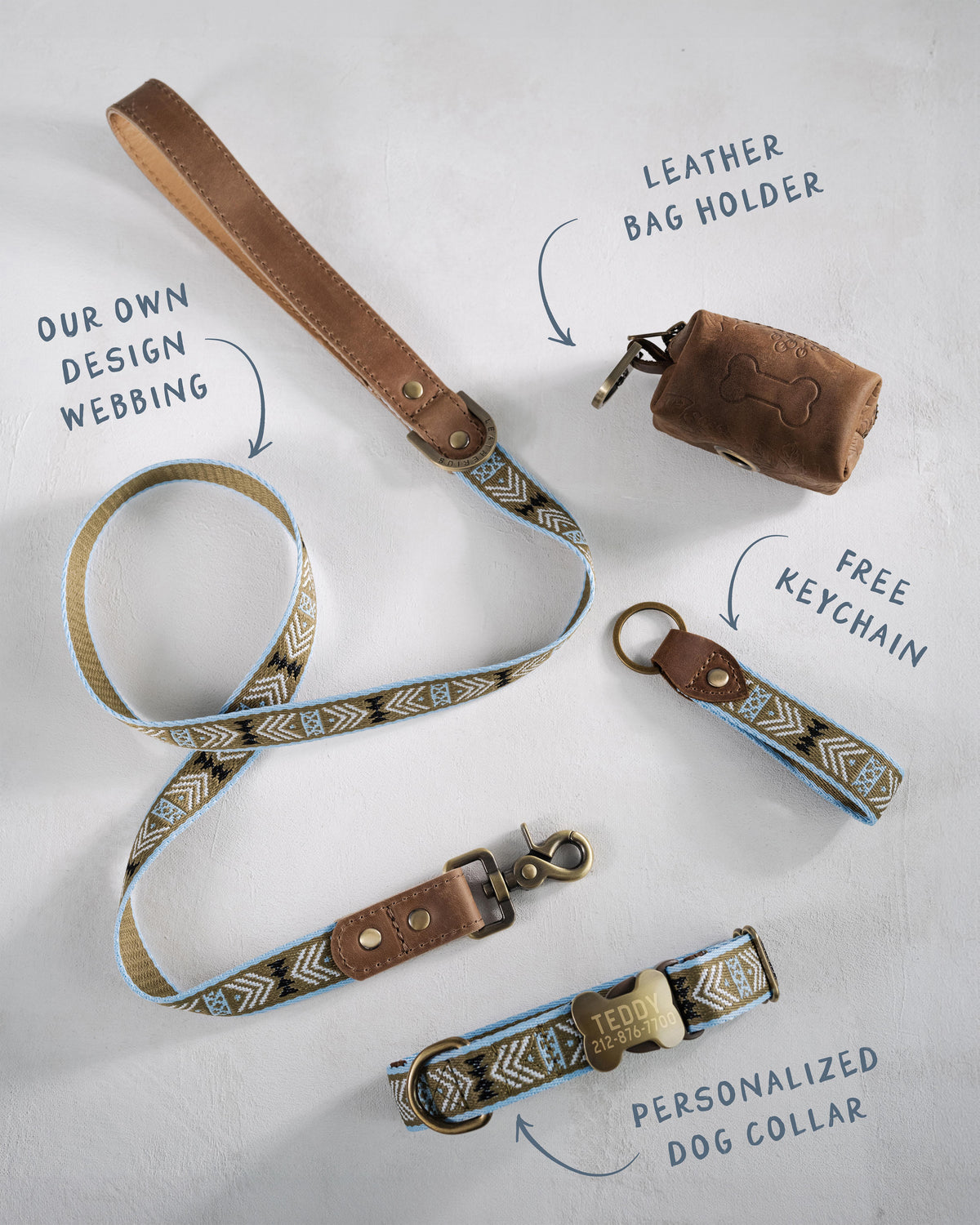 Arrowhead dog collar and leash set: collar, matching leash, keychain and leather poop-bag holder