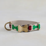 Dog Bone Pattern Collar, personalized Dog Bones webbing collar No. 5 with an engraved bone buckle