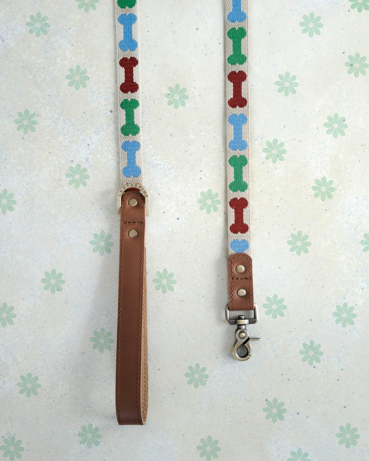 Dog Bones webbing dog leash with a leather handle