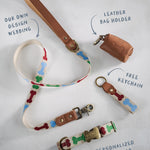 Dog Bones dog collar and leash set: collar, matching leash, keychain and leather poop-bag holder