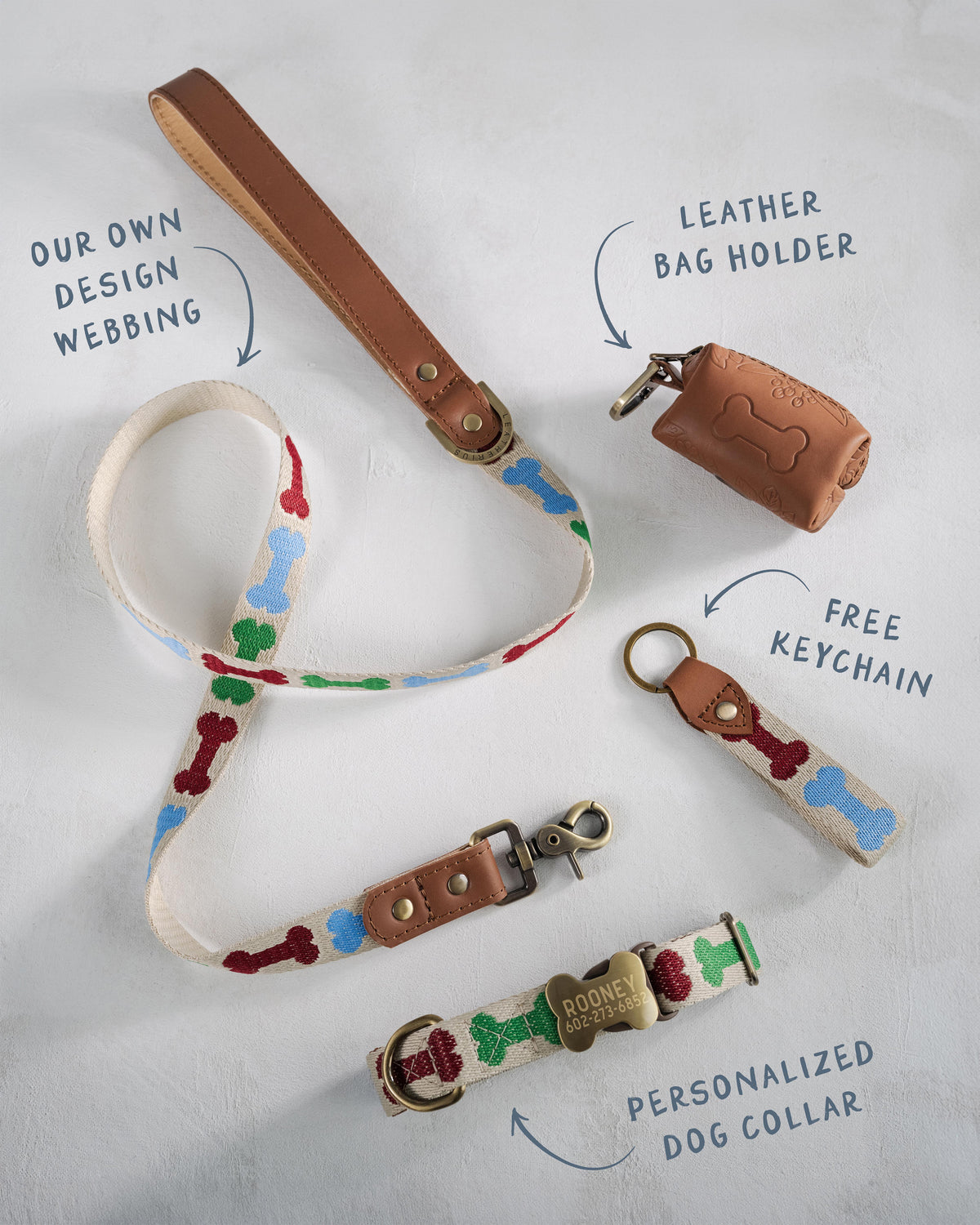 Dog Bones dog collar and leash set: collar, matching leash, keychain and leather poop-bag holder