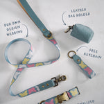 Butterflies dog collar and leash set: collar, matching leash, keychain and leather poop-bag holder