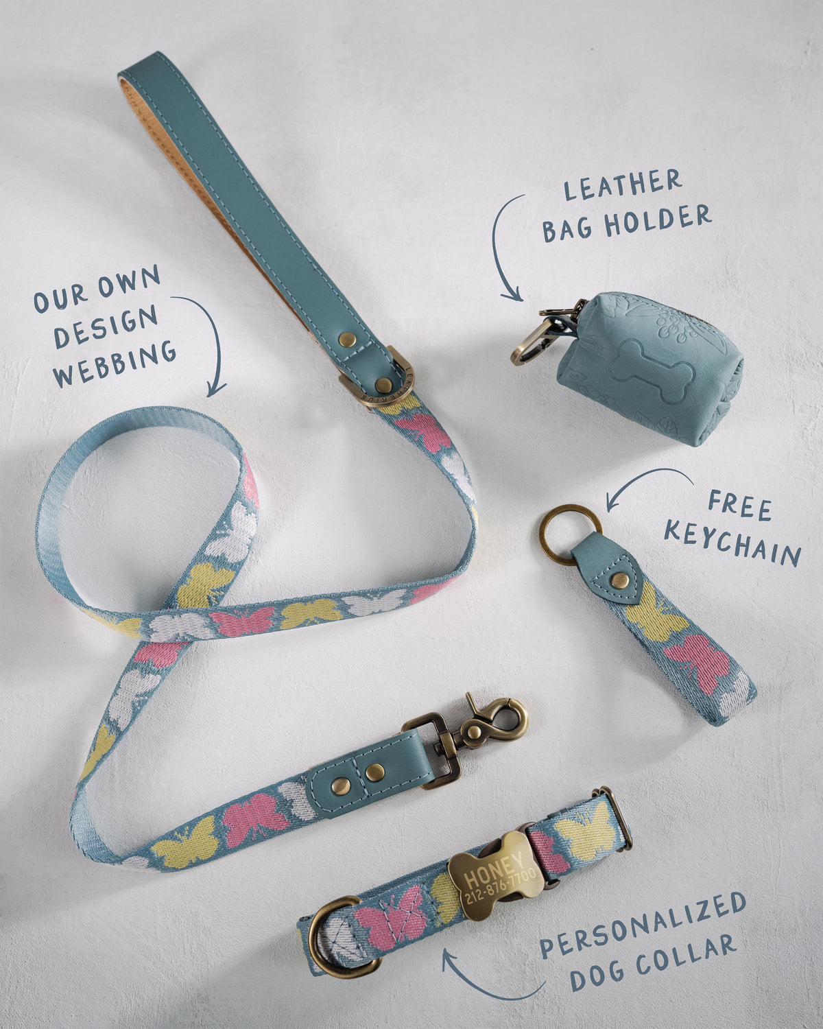 Butterflies dog collar and leash set: collar, matching leash, keychain and leather poop-bag holder