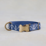 Nautical Anchor Dog Collar, personalized Anchors webbing collar No. 7 with an engraved bone buckle