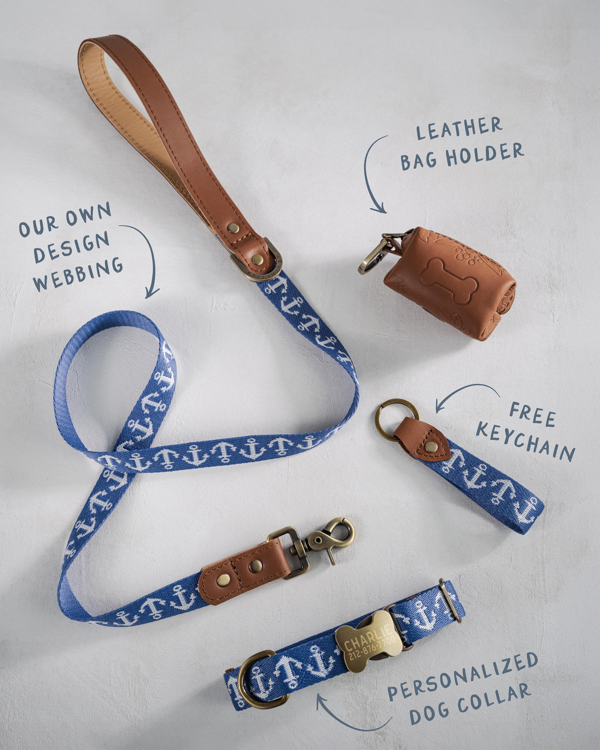 Anchors dog collar and leash set: collar, matching leash, keychain and leather poop-bag holder