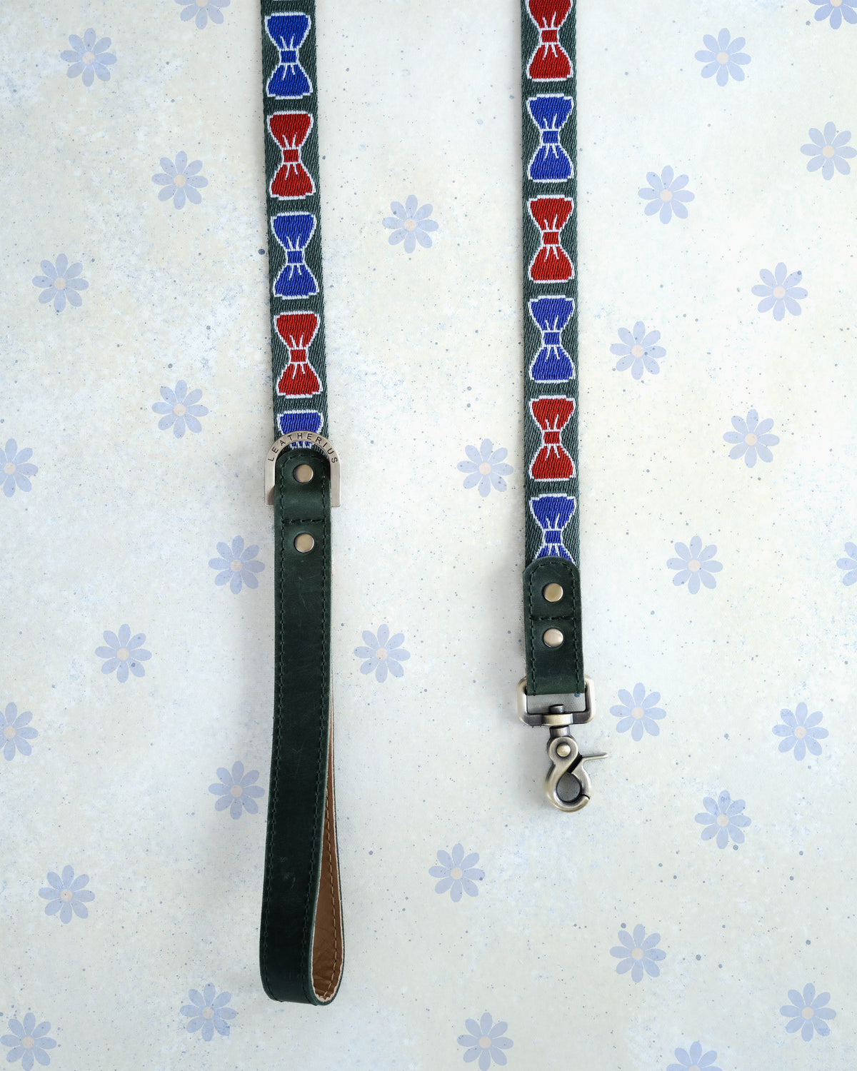 Bow Ties webbing dog leash with a leather handle