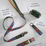 Bow Ties dog collar and leash set: collar, matching leash, keychain and leather poop-bag holder