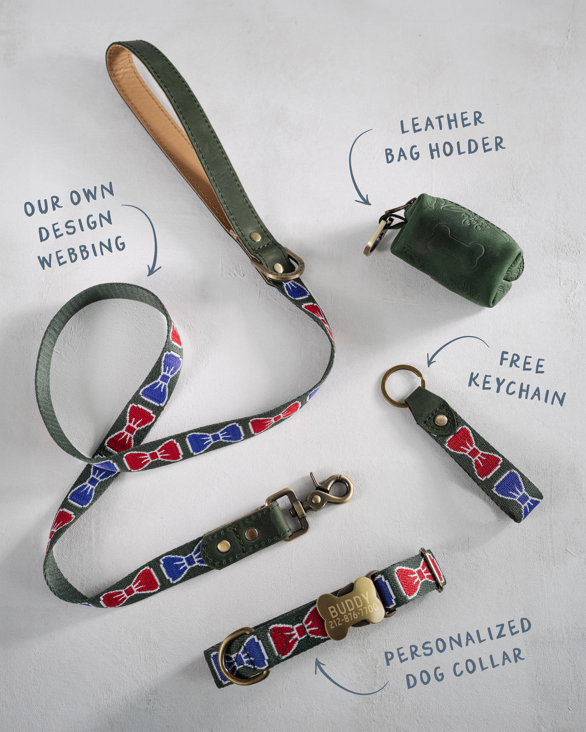 Bow Ties dog collar and leash set: collar, matching leash, keychain and leather poop-bag holder