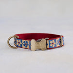 Blue Floral Dog Collar, personalized Blue Tiles webbing collar No. 9 with an engraved bone buckle