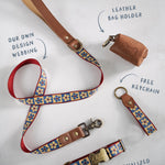 Blue Tiles dog collar and leash set: collar, matching leash, keychain and leather poop-bag holder