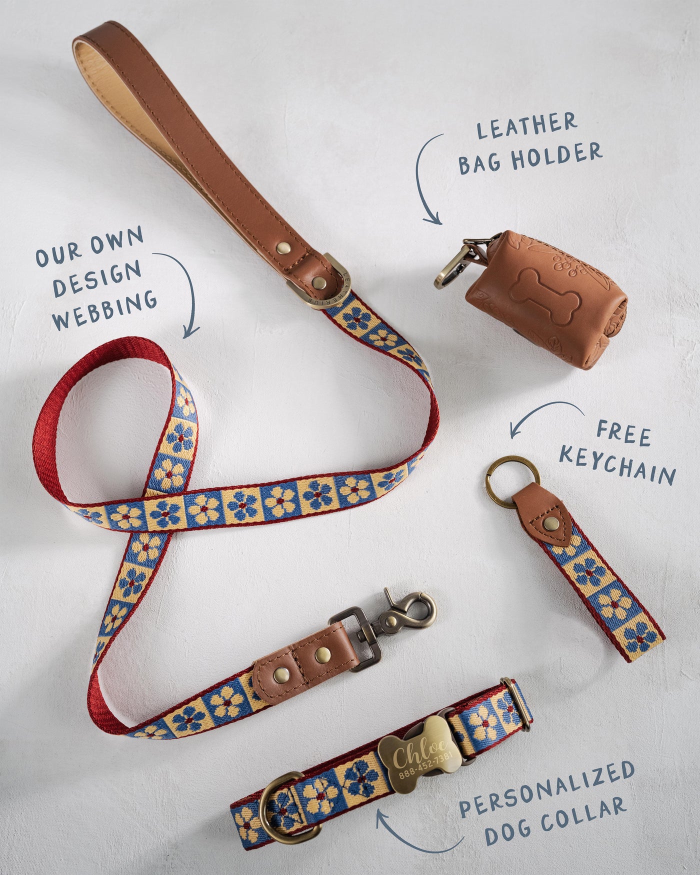 Webbing dog collar floral blue and red