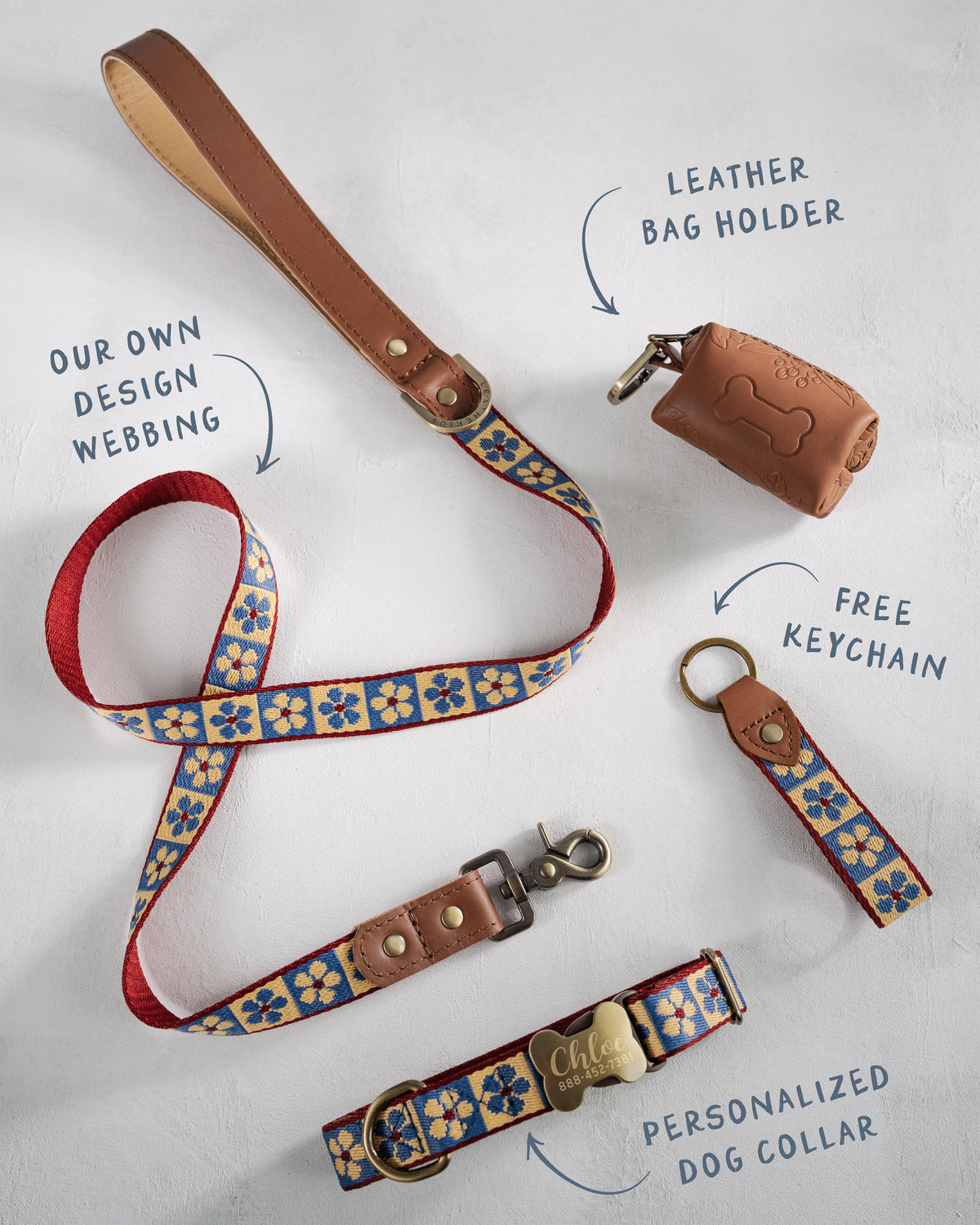 Blue Tiles dog collar and leash set: collar, matching leash, keychain and leather poop-bag holder