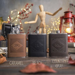 Groomsmen flasks with diamond frame monograms in Caramel, Black and Country Gray leather