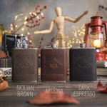 Initial flasks with three-letter monograms in the diamond frame in Sicilian Brown, Arizona and Dark Espresso leather