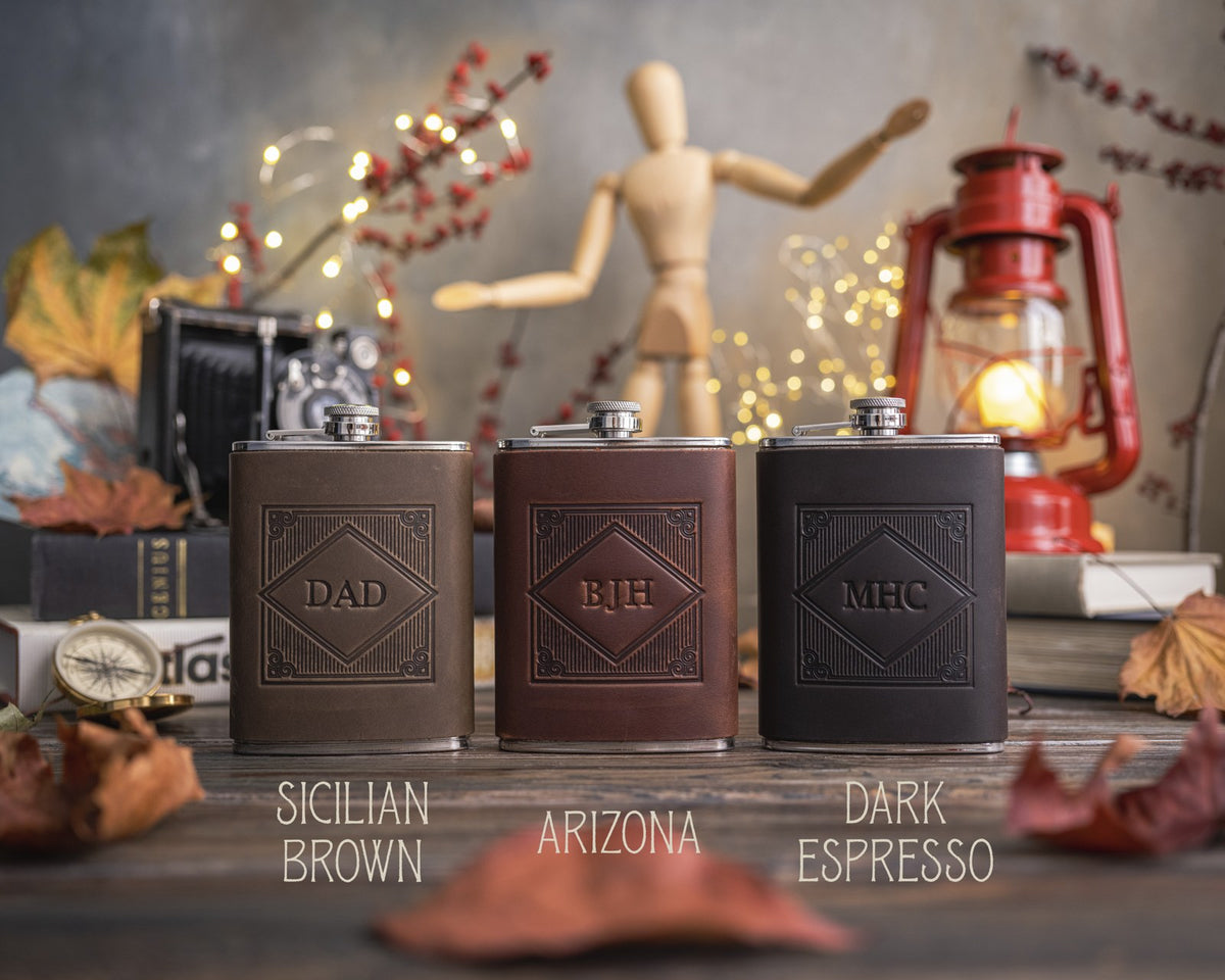 Initial flasks with three-letter monograms in the diamond frame in Sicilian Brown, Arizona and Dark Espresso leather