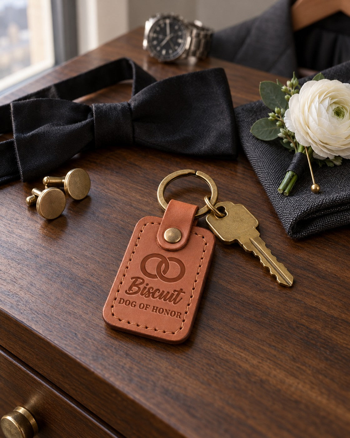 Biscuit DOG OF HONOR keychain in caramel leather on a walnut dresser beside a wristwatch and a boutonniere