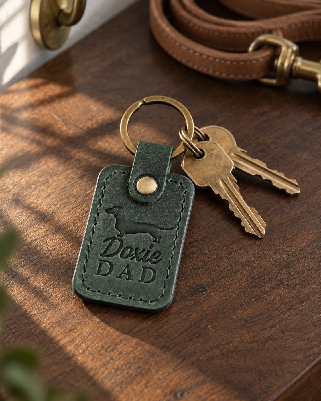 Forest green Doxie Dad keychain with three brass keys on a walnut entry table in late afternoon light