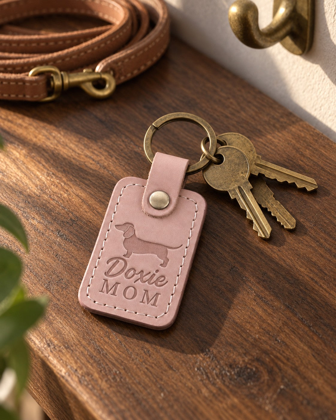 Blush Doxie Mom keychain on a dark walnut table beside brass keys, with a coiled leather leash in the background