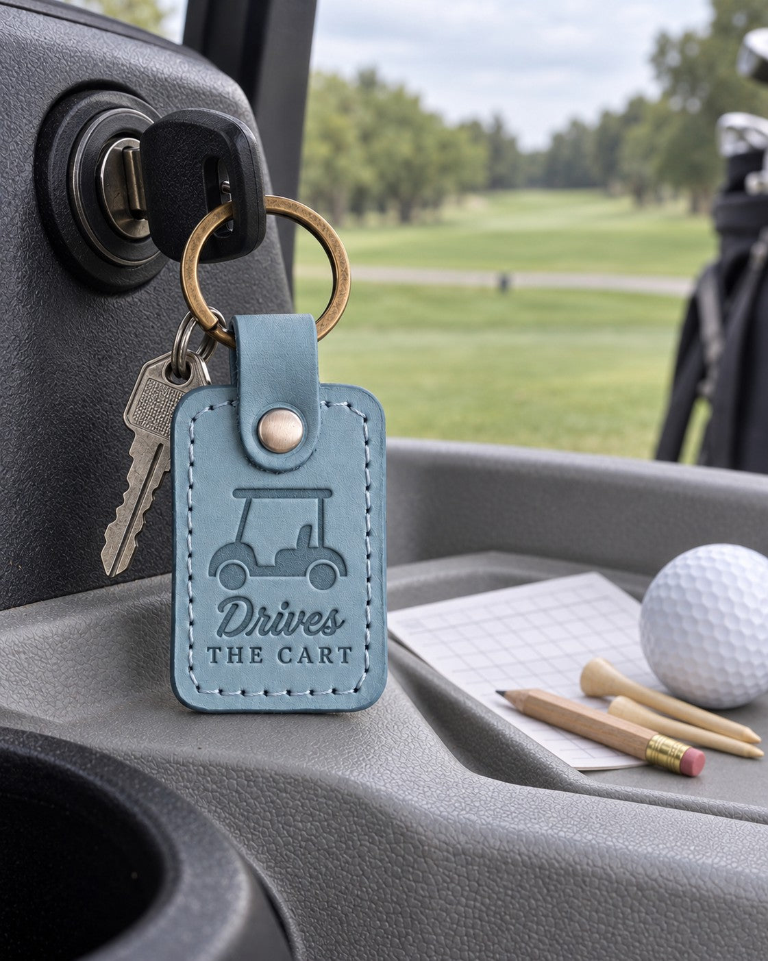 Drives the Cart keychain in turquoise leather hanging from a golf cart key in bright resort sunshine