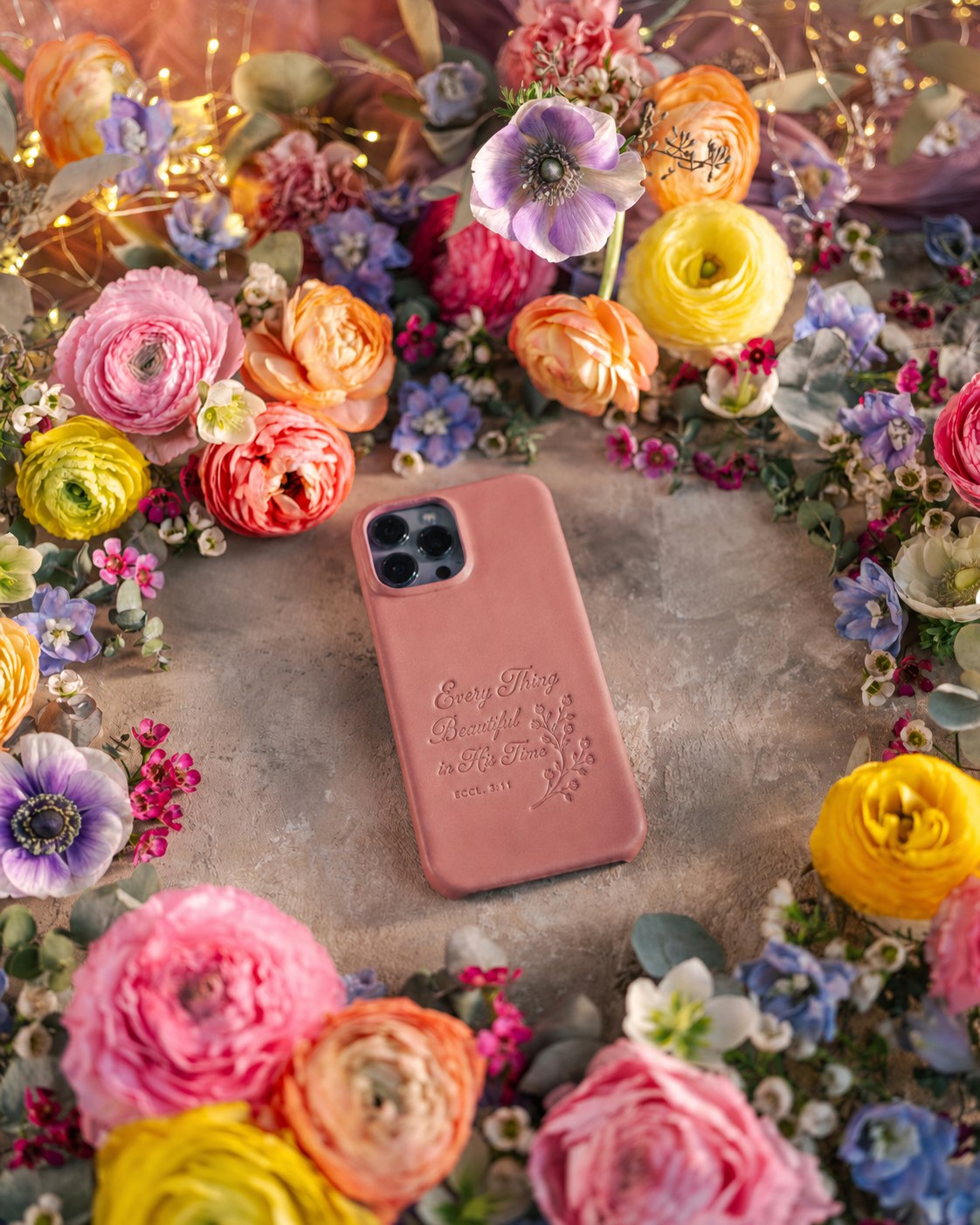Every Thing Beautiful In His Time Eccl. 3:11 handcrafted leather iPhone case, Christian scripture gift