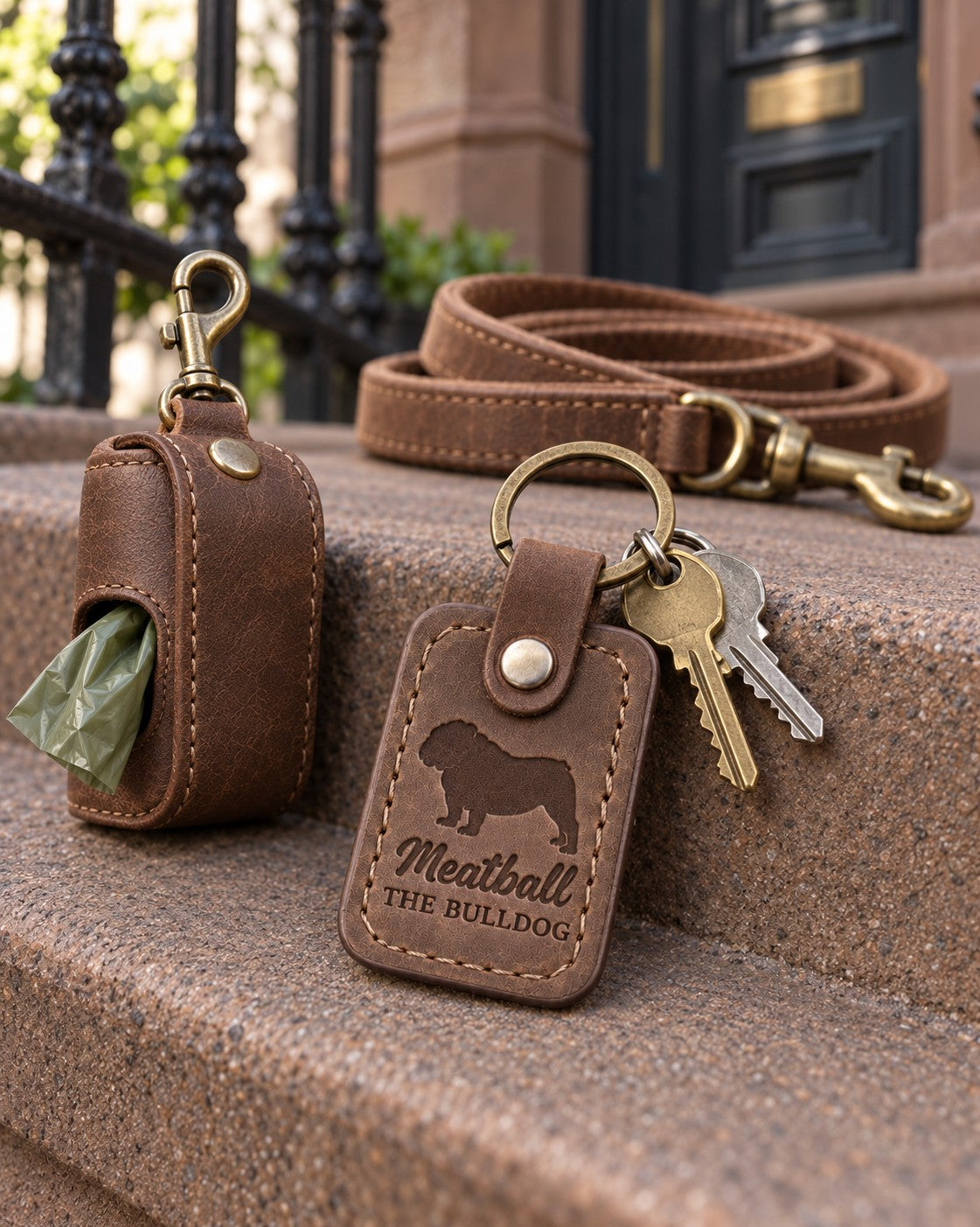 Meatball the Bulldog keychain in reddish brown leather with keys on a cozy living room rug