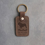 Sicilian brown leather keychain debossed with an English bulldog above the name Meatball and THE BULLDOG, on gray concrete