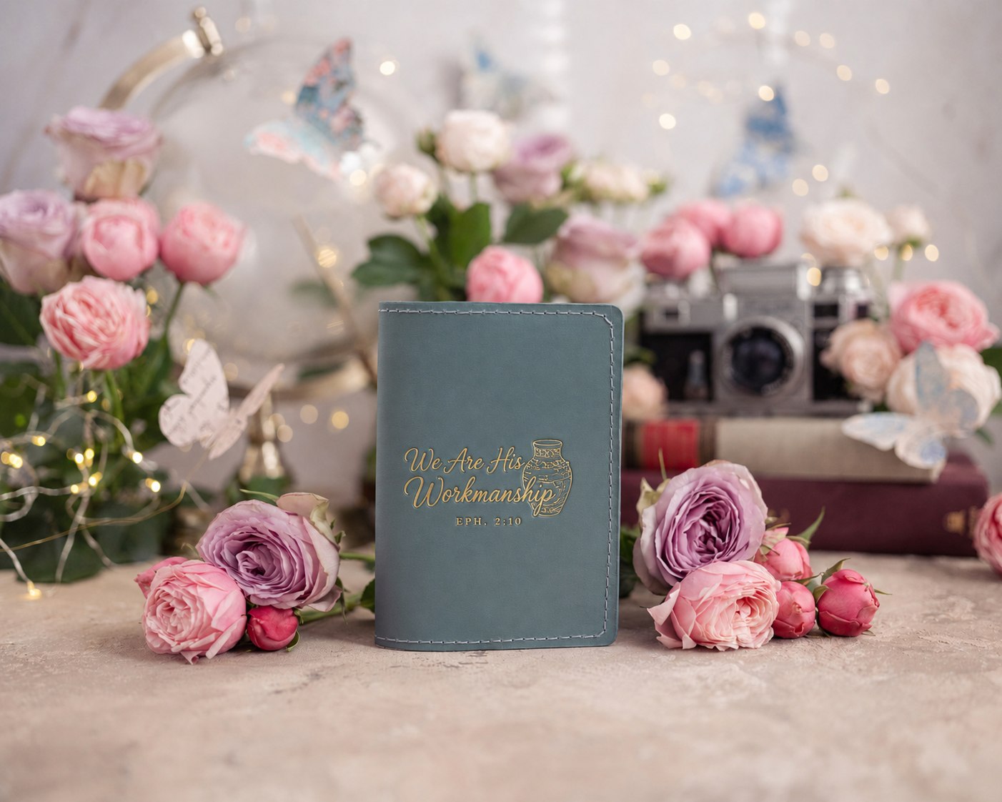 We Are His Workmanship Eph. 2:10 Turquoise full-grain leather passport cover, Christian scripture gift