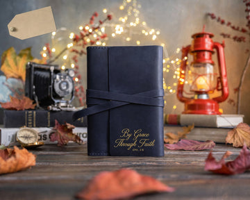 Ephesians 2:8 leather journal – "by grace through faith" bible verse gift