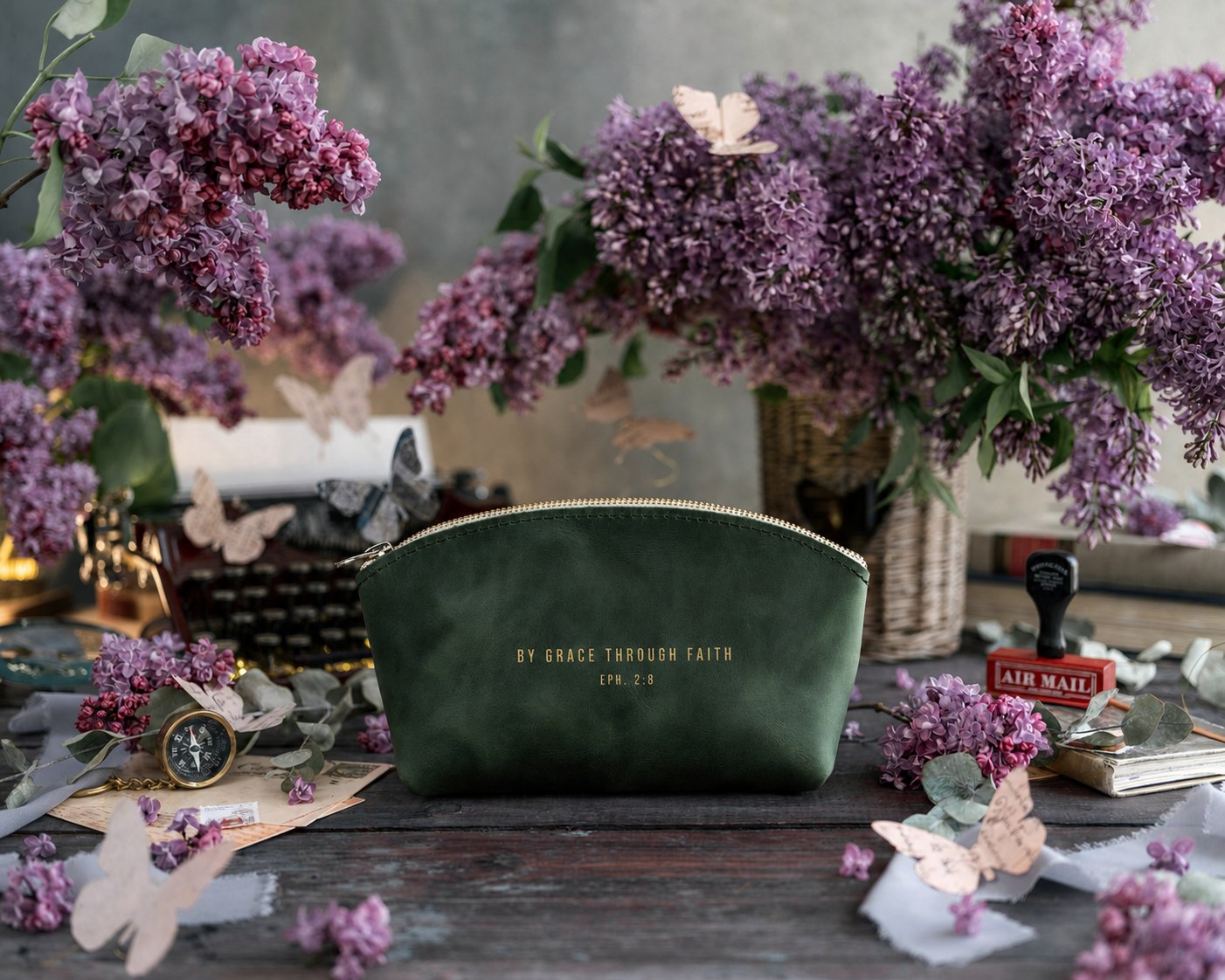 By Grace Through Faith Eph. 2:8 Forest Green full-grain leather makeup bag, Christian scripture gift
