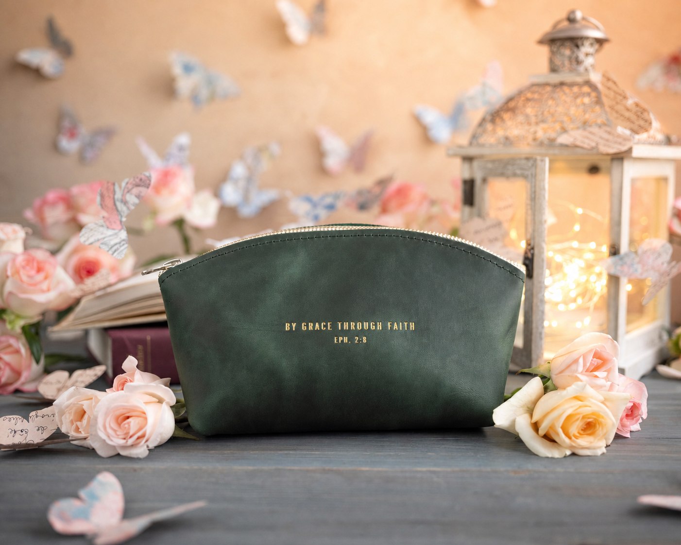 By Grace Through Faith Eph. 2:8 Forest Green full-grain leather makeup bag, Christian scripture gift