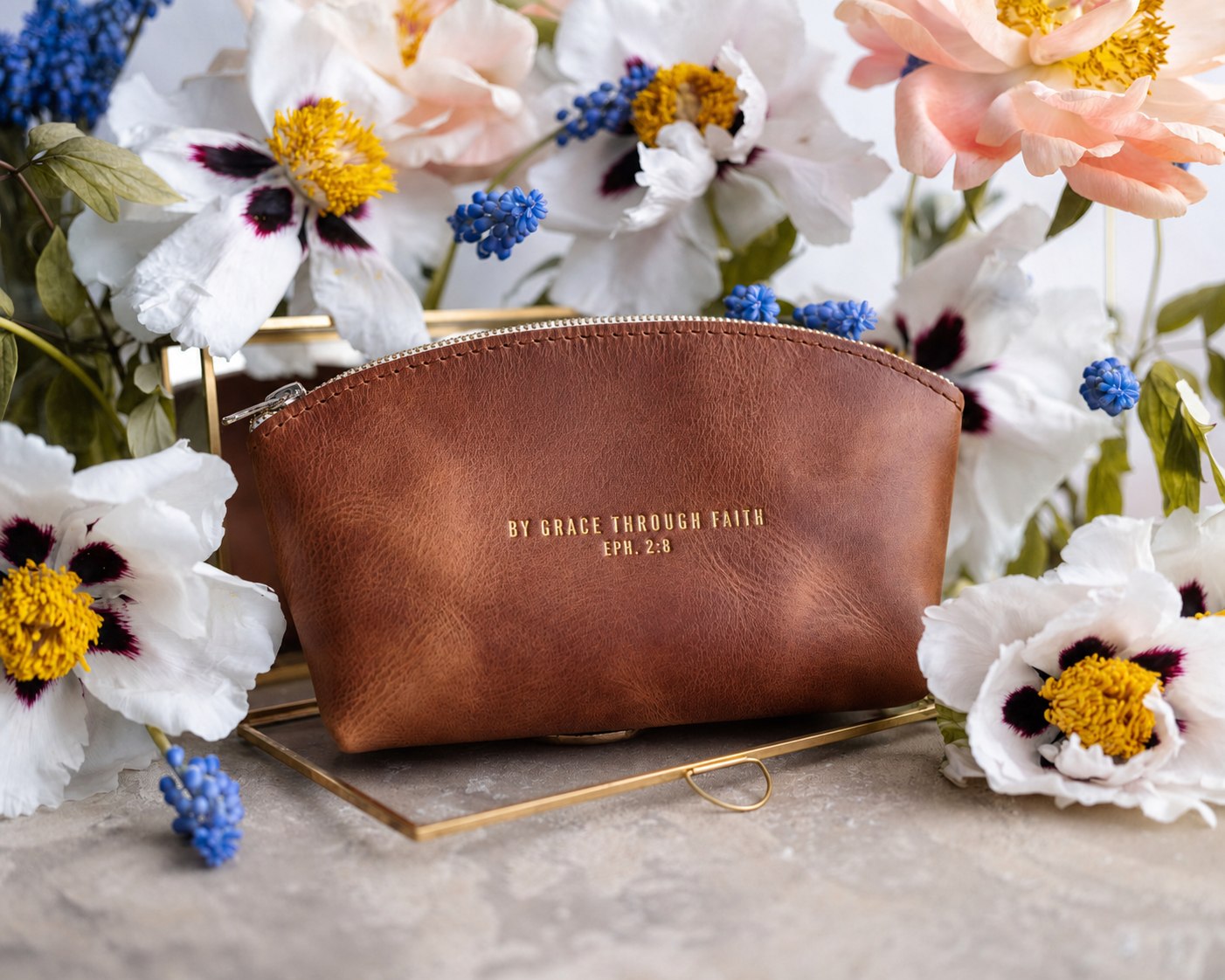 By Grace Through Faith Eph. 2:8 full-grain leather makeup bag, Christian scripture gift