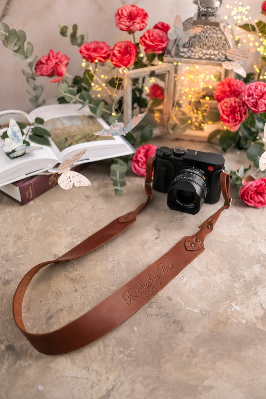 For Such A Time Esther 4:14 Arizona full-grain leather camera strap, Christian scripture gift