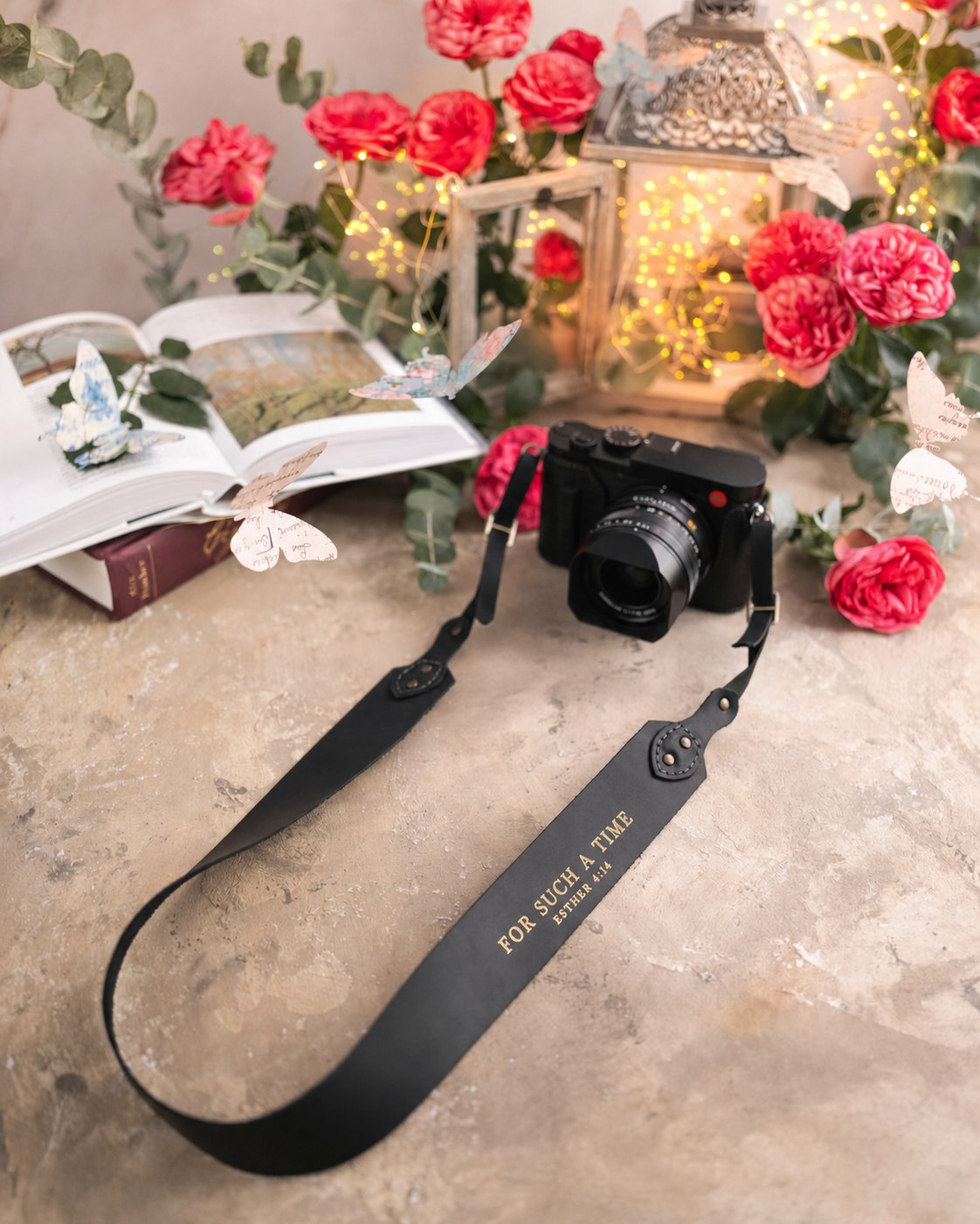 For Such A Time Esther 4:14 Black full-grain leather camera strap, Christian scripture gift