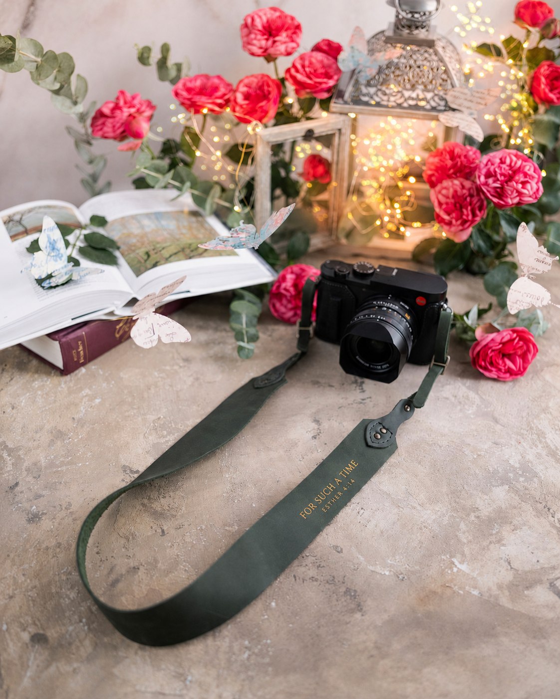 For Such A Time Esther 4:14 Forest Green full-grain leather camera strap, Christian scripture gift