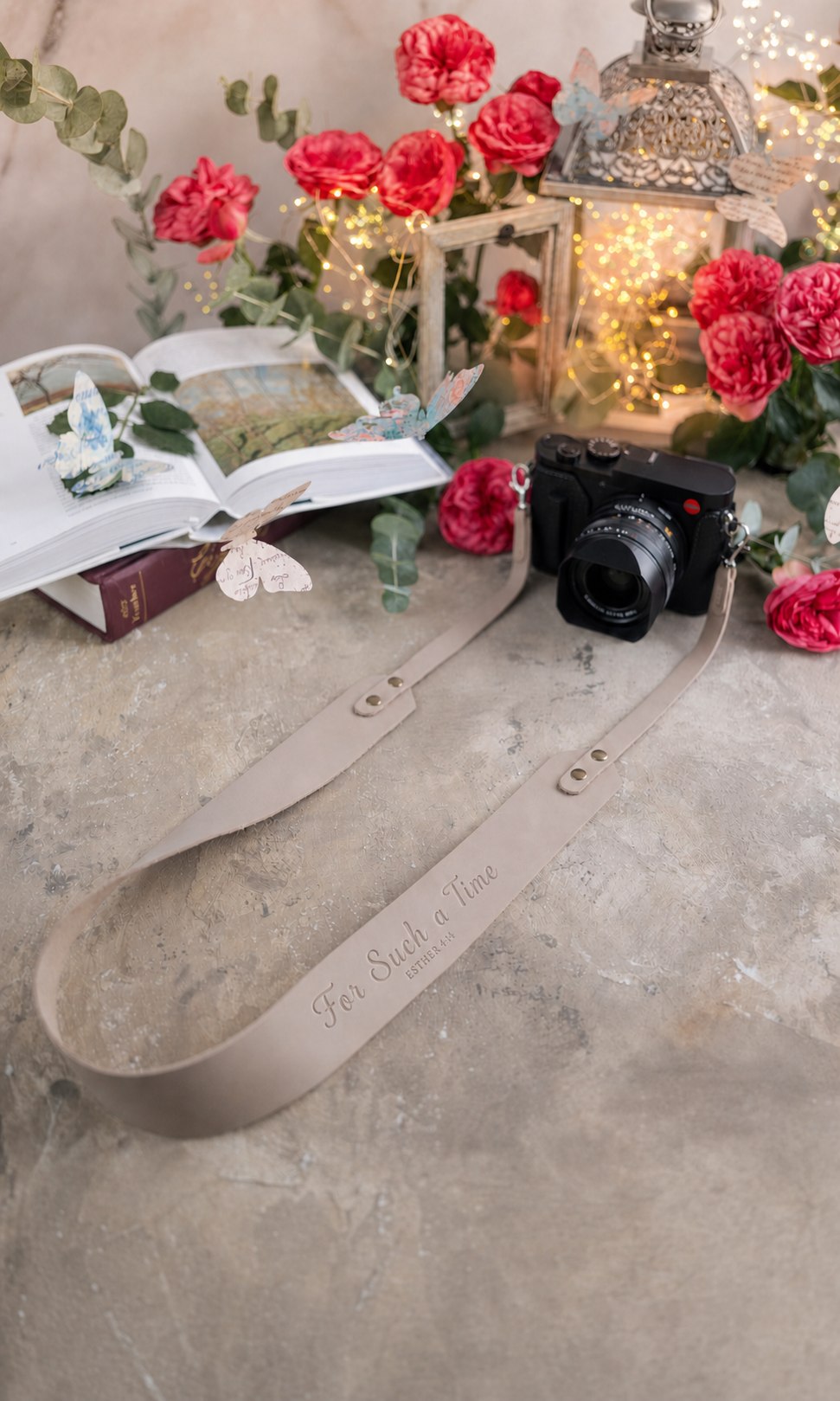 For Such A Time Esther 4:14 Gray Sand full-grain leather camera strap, Christian scripture gift