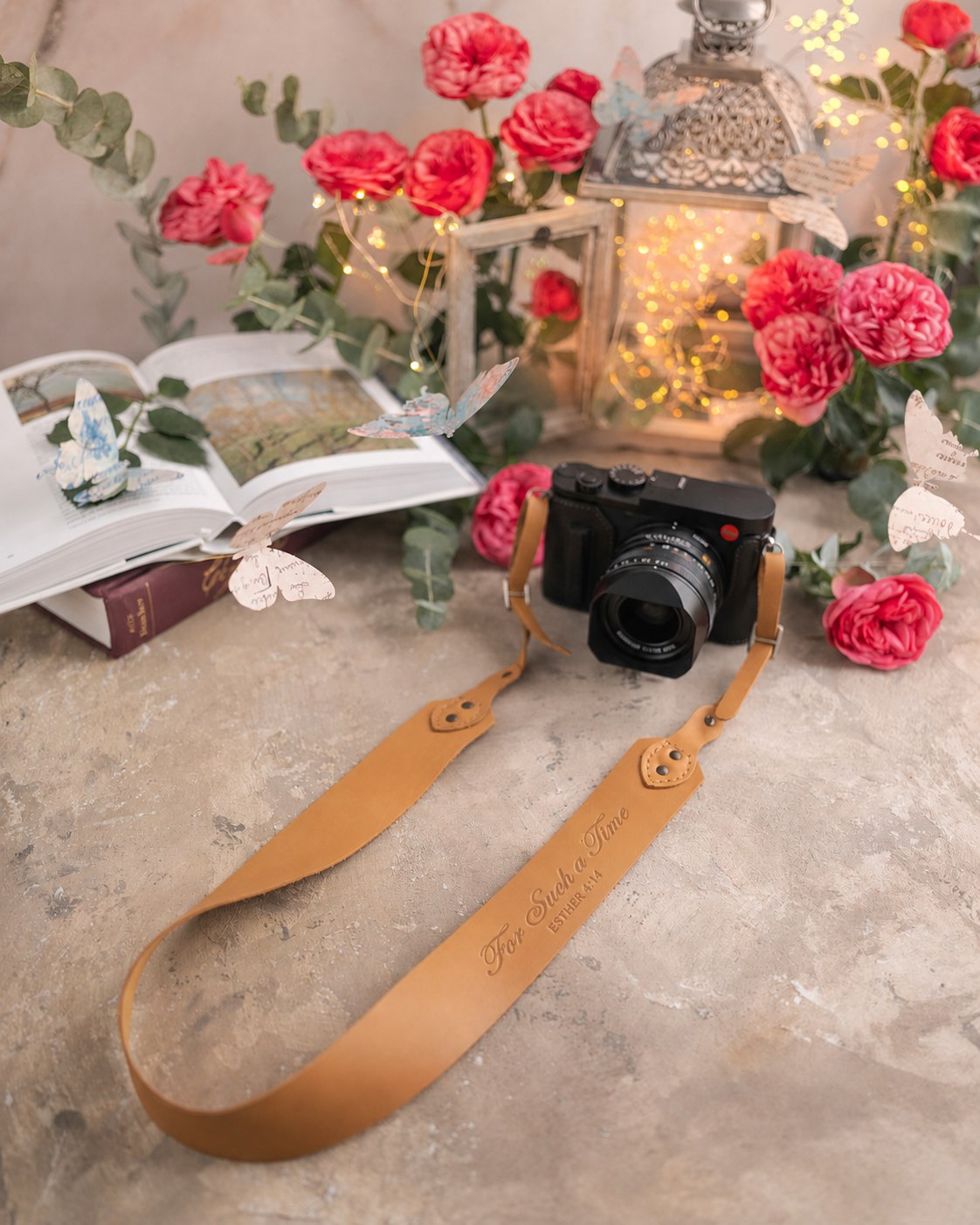 For Such A Time Esther 4:14 Indian Summer full-grain leather camera strap, Christian scripture gift