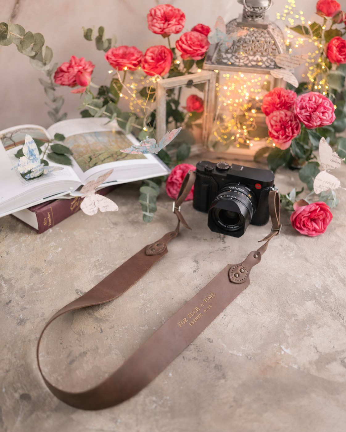 For Such A Time Esther 4:14 Sicilian Brown full-grain leather camera strap, Christian scripture gift