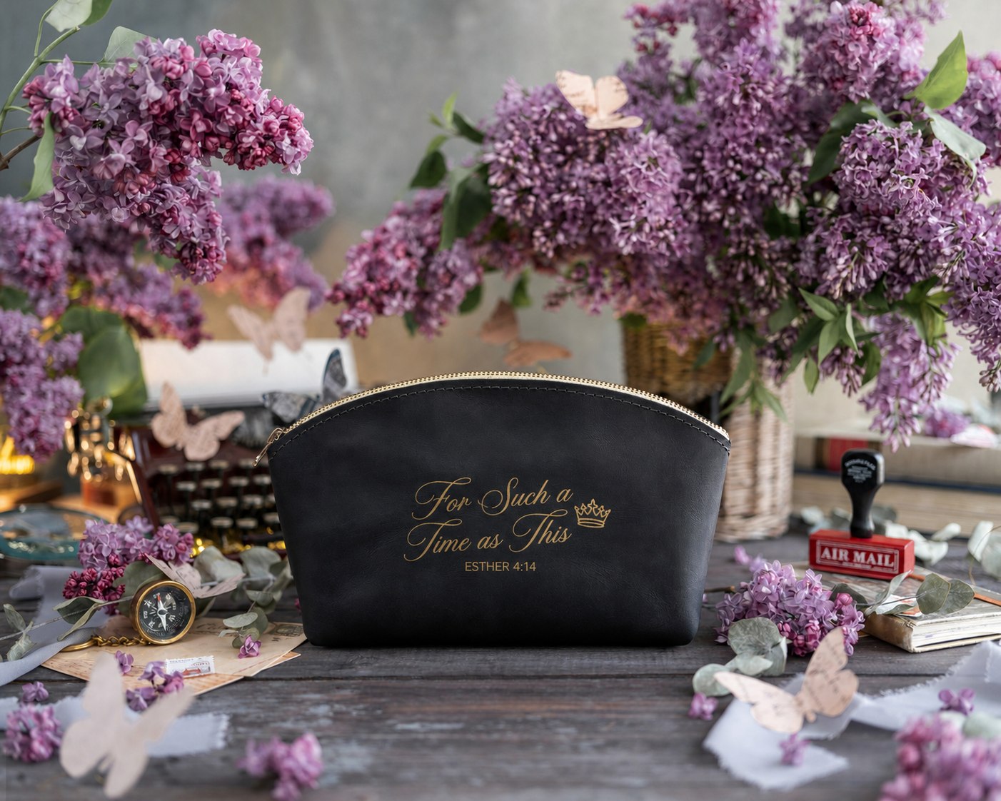 For Such A Time As This Esther 4:14 Black full-grain leather makeup bag, Christian scripture gift