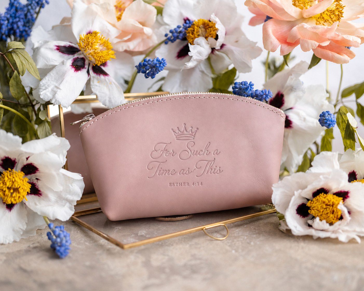 For Such A Time As This Esther 4:14 full-grain leather makeup bag, Christian scripture gift