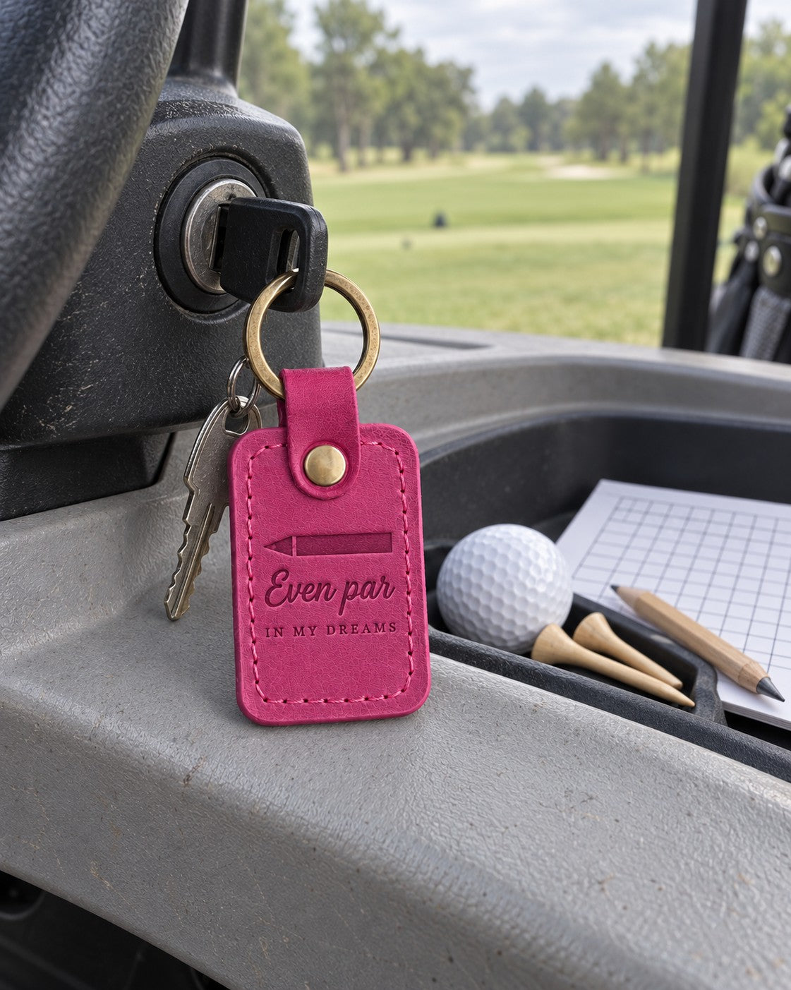 Even Par in My Dreams keychain in bright pink leather on a nightstand beside a folded golf scorecard