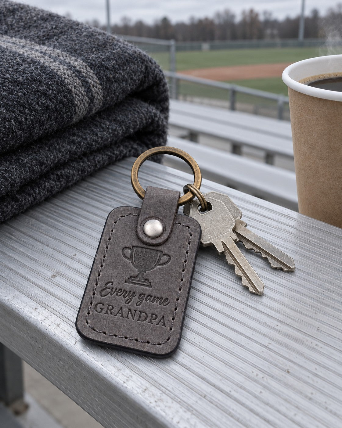 Gray Every Game Grandpa keychain on an aluminum bleacher plank with a coffee cup and empty rows below