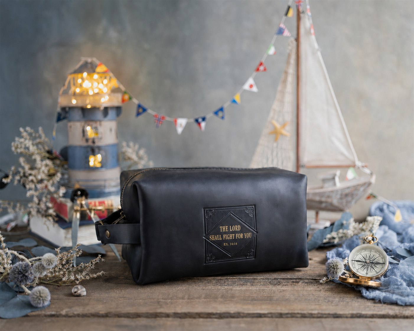 The Lord Shall Fight For You Exodus 14:14 Blueberry full-grain leather dopp kit, Christian scripture gift
