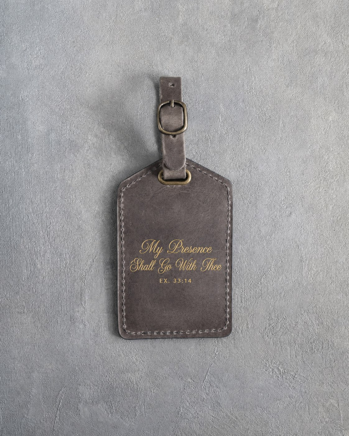 My Presence Shall Go With Thee Ex. 33:14 Country Gray full-grain leather luggage tag, Christian scripture gift