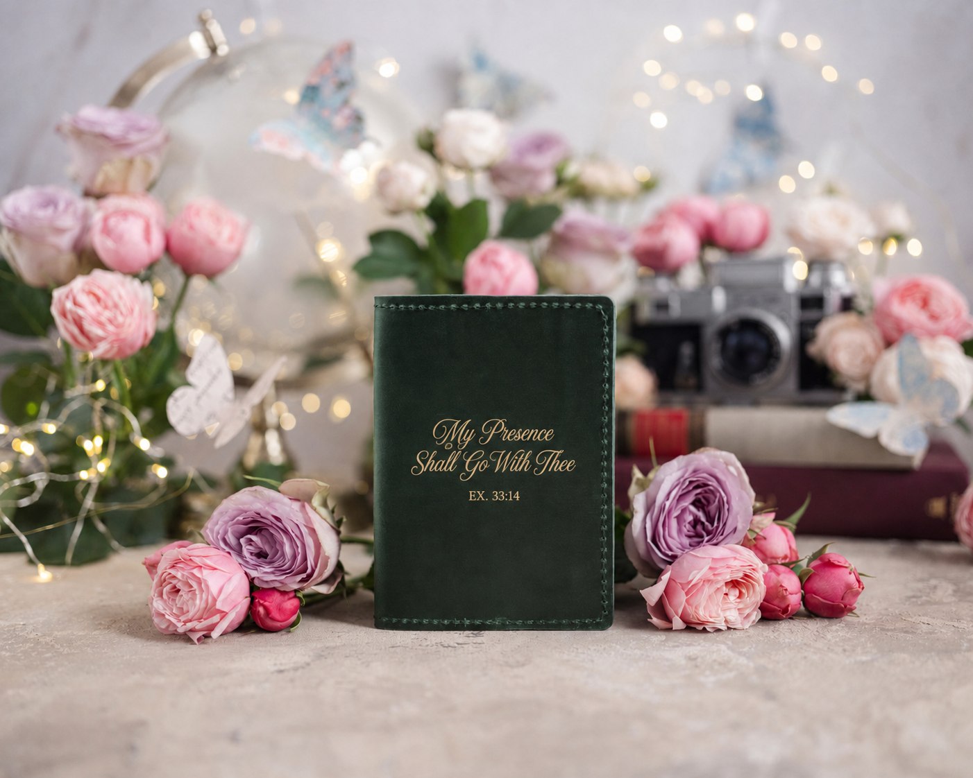 My Presence Shall Go With Thee Ex. 33:14 full-grain leather passport cover, Christian scripture gift