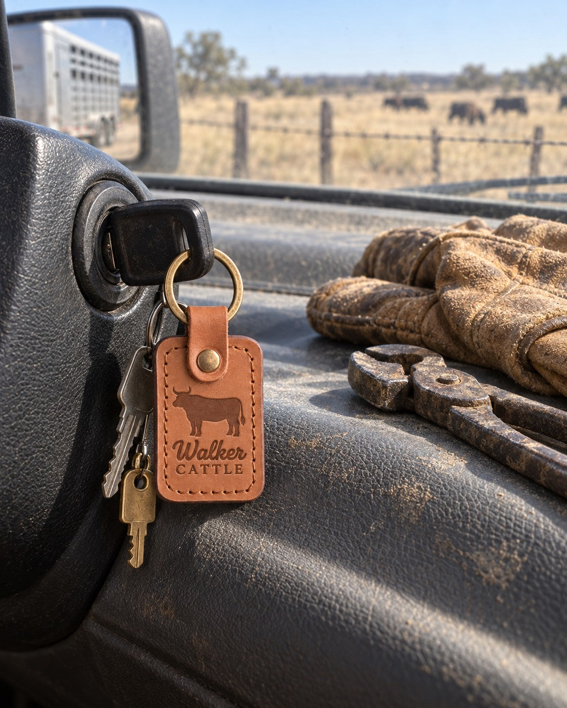 Walker CATTLE keychain in caramel leather on the ignition key of a ranch pickup, work gloves and fence pliers on the dash