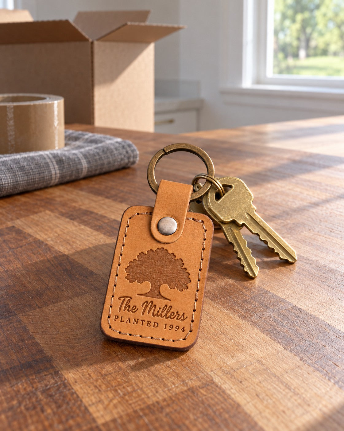 Golden tan The Millers PLANTED 1994 keychain on a key ring among fallen autumn oak leaves
