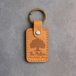 Indian Summer golden tan leather keychain debossed with a solid oak tree above The Millers and PLANTED 1994
