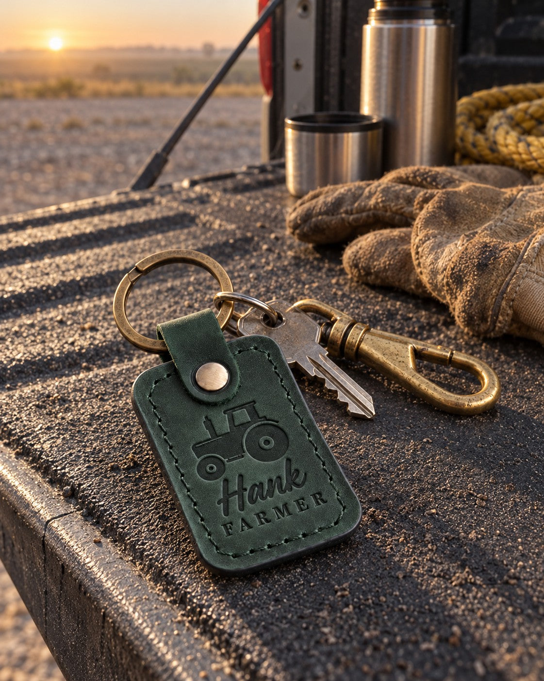 Hank Farmer keychain in green leather on pickup keys resting on a fence post at the edge of a cornfield