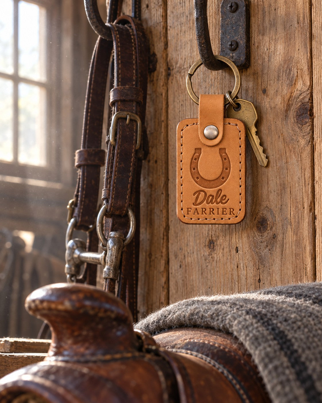 Dale FARRIER keychain in Indian Summer leather hanging from a forged iron bridle hook on rough pine boards in a tack room