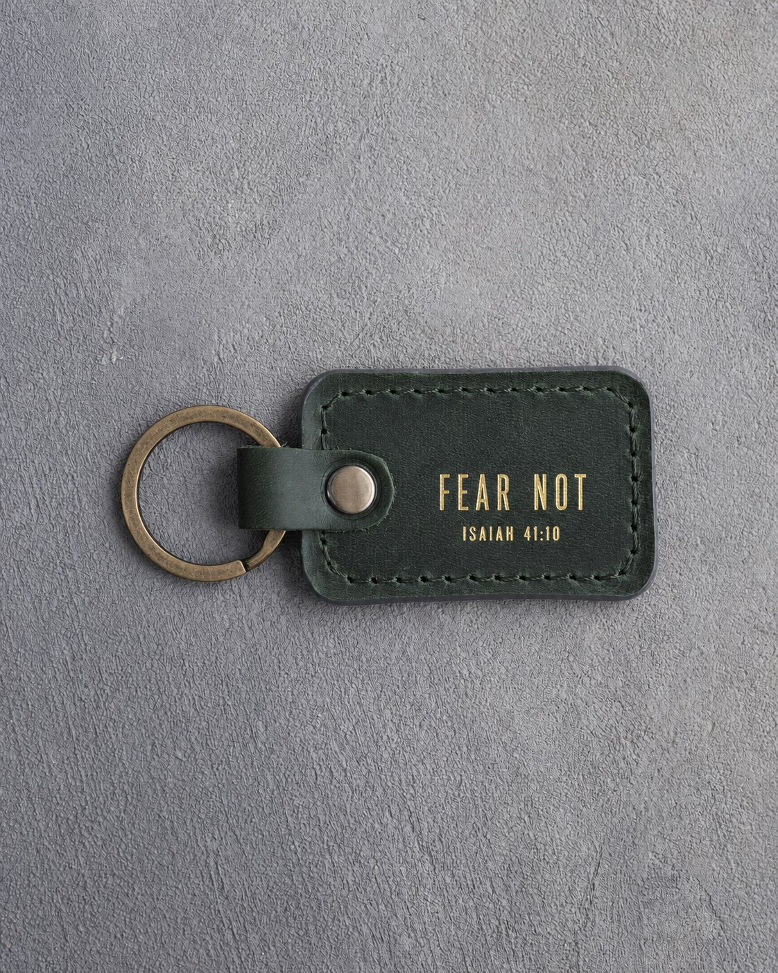 Fear Not Isaiah 41:10 Forest Green handcrafted leather keychain, Christian scripture gift